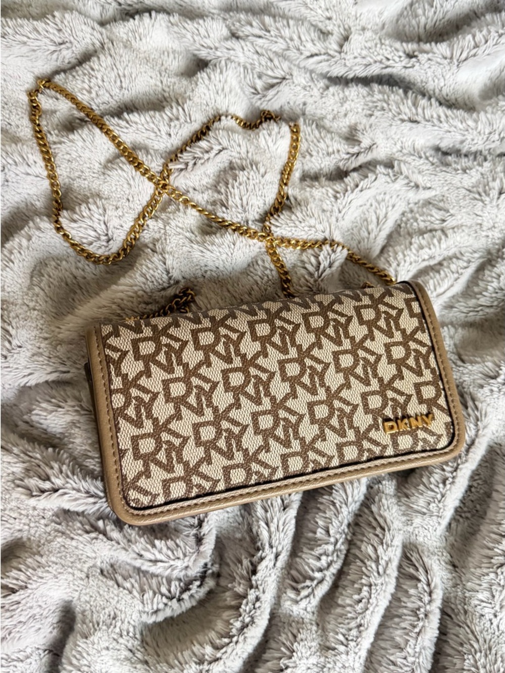 DKNY Beige Logo Canvas Crossbody with Gold Chain Strap